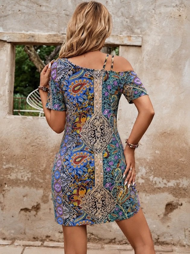 Women's Short-Sleeve Knit Dress with Shoulder Strap and Paisley Print - Janes - by Peralane - photo 3