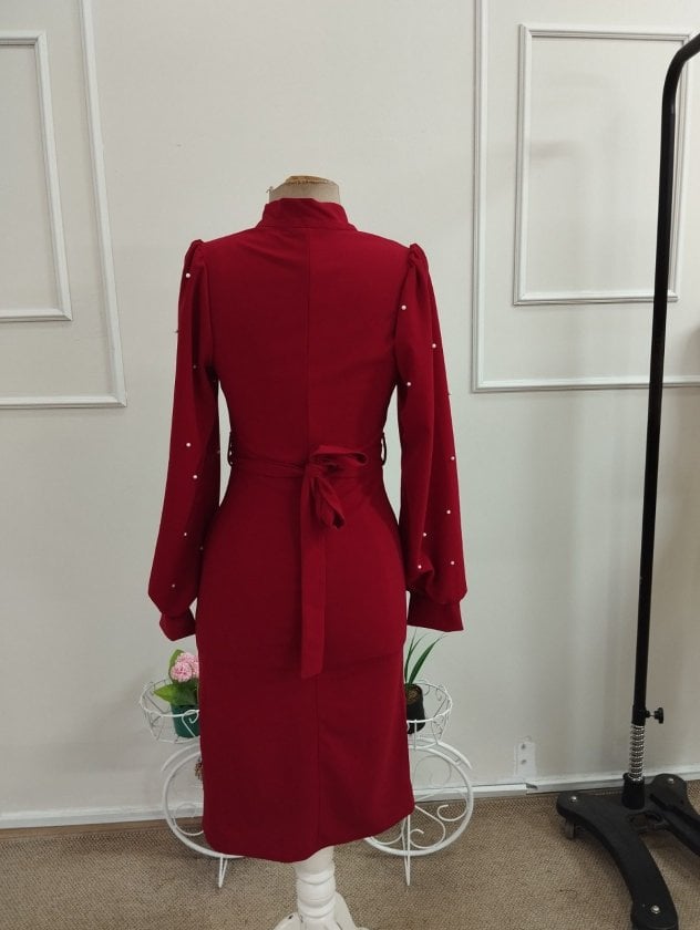 Women's Long Sleeve Bow Neckline Side Slit Pearl Embellished Midi Crepe Dress in Red - Janes - by Peralane - photo 5