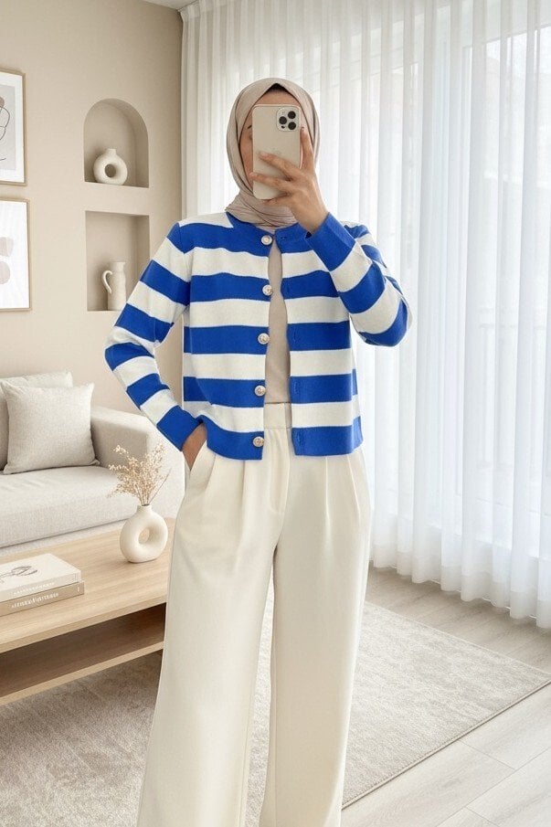 Striped Knit Cardigan with Metal Buttons - Blue - Podyumplus - by Peralane - photo 2