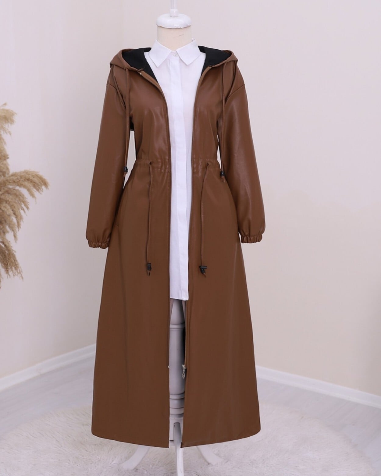Tunnel Lace-Up Hooded Long Faux Leather Coat - Tan - Podyumplus - by Peralane - photo 3