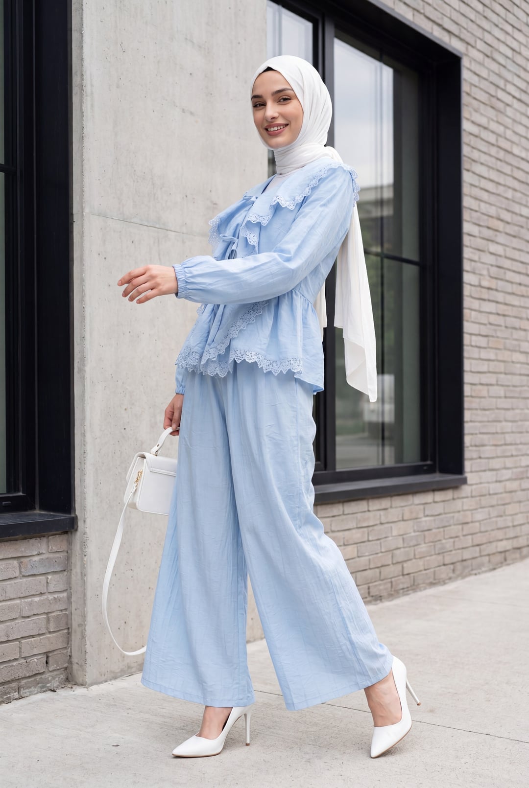 Lace Detail Tie-Front Wide-Leg Co-ord Set in Baby Blue - Podyumplus - by Peralane - photo 2