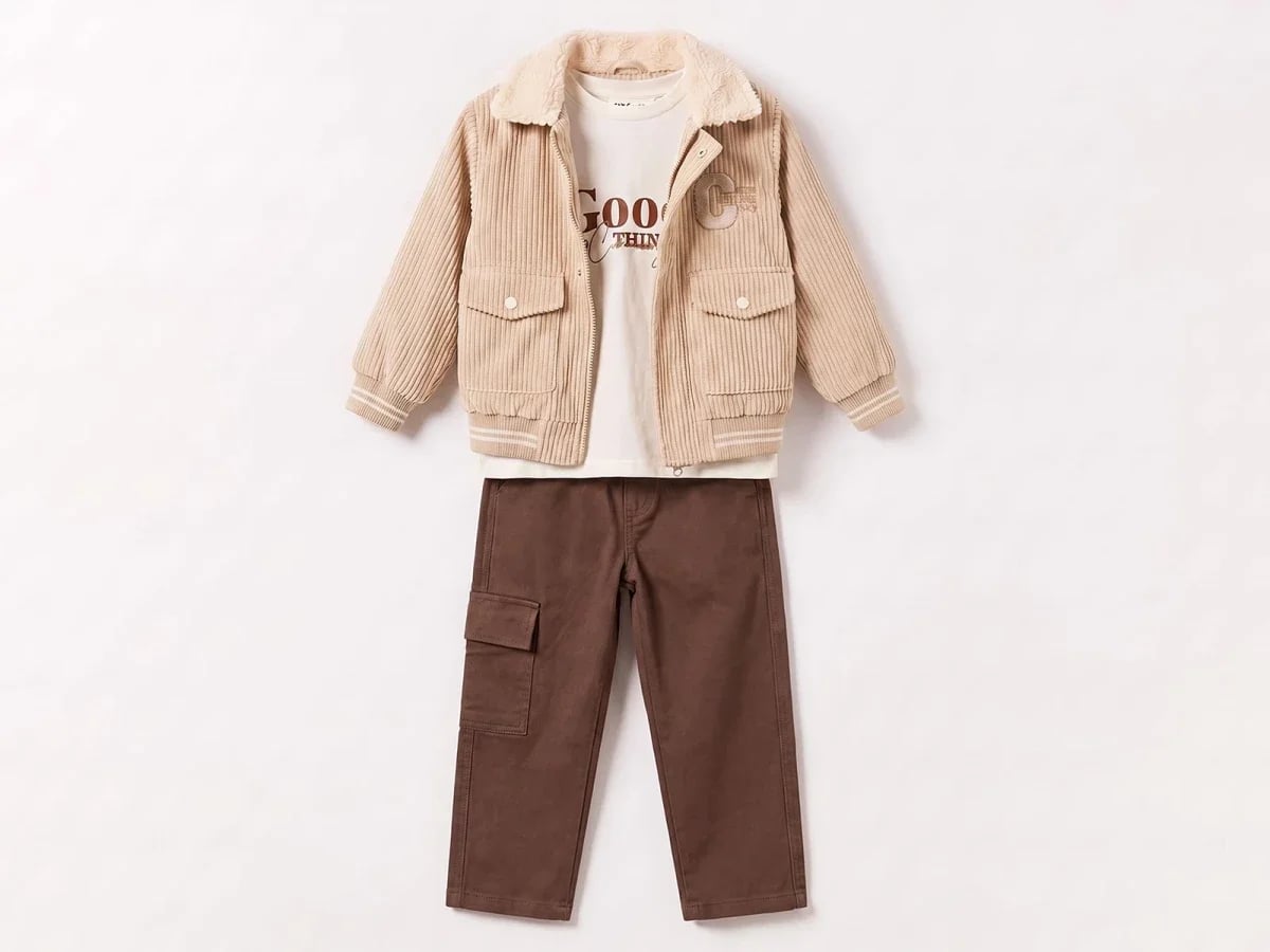 Boys' 3-Piece Corduroy Jacket Set with T-Shirt and Trousers - Beige - Canoz - by Peralane
