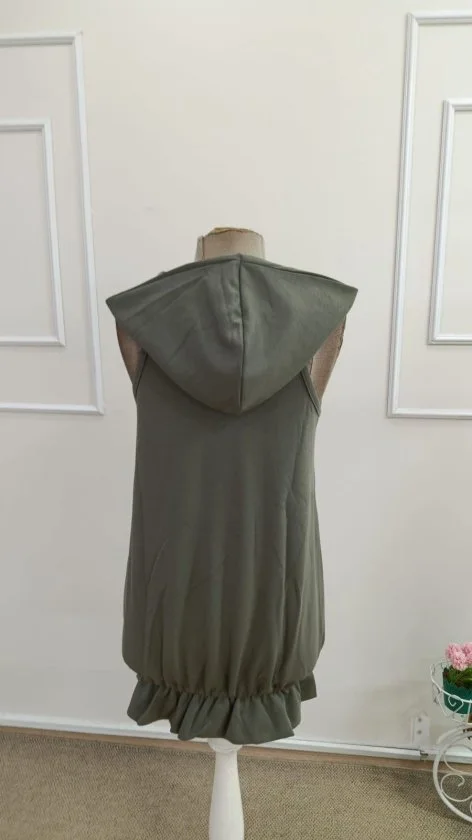 Women's Hooded Modal Dress with Open Shoulders and Ruffled Hem, Olive Green - Janes - by Peralane - photo 5