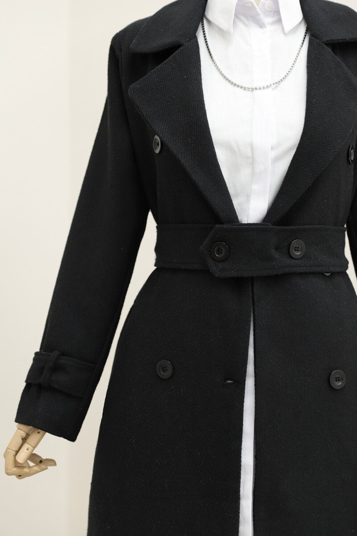 Women's Black Belted Lined Coat with Lapel Collar - Podyumplus - by Peralane - photo 9