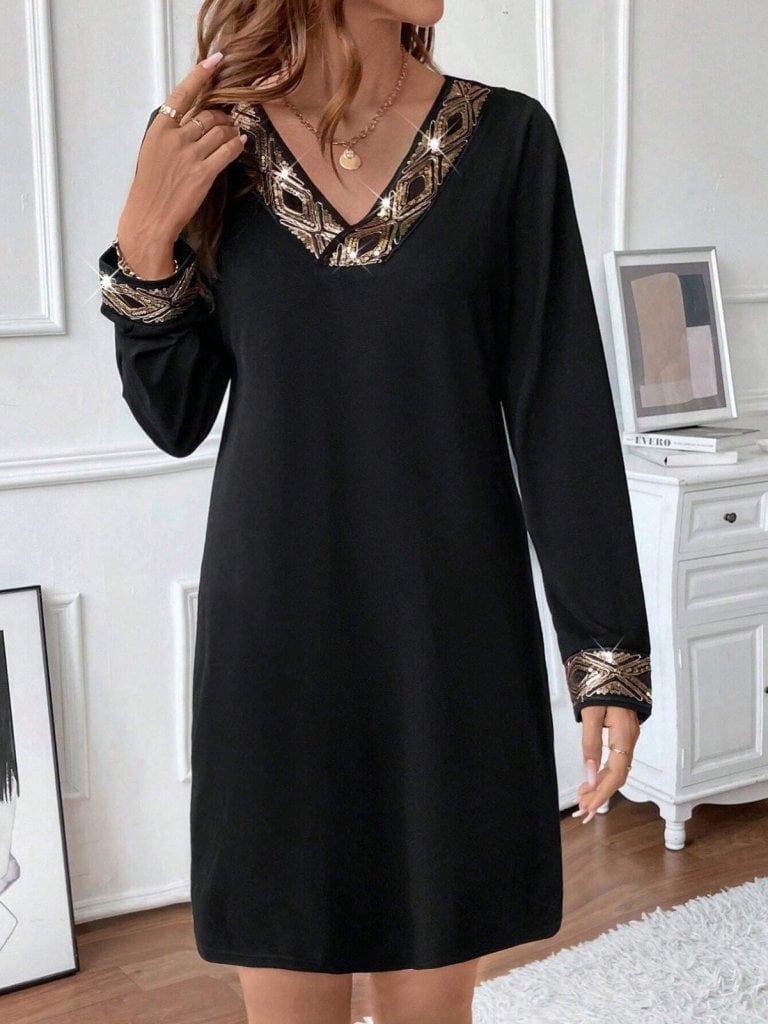Women's Long Sleeve V-Neck Sequin Detail Mini Crepe Dress - Janes - by Peralane - photo 2