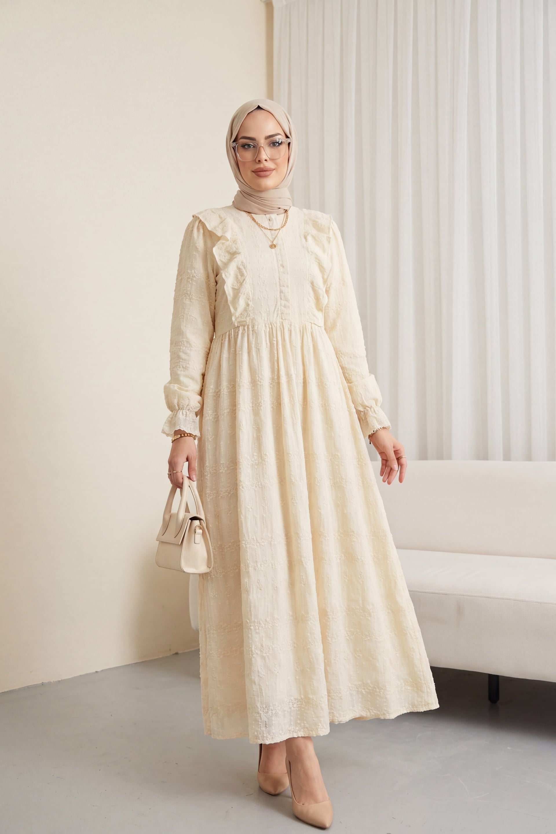 Round Neck Half-Zip Ruffled Lined Brocade Dress - Ecru - Podyumplus - by Peralane