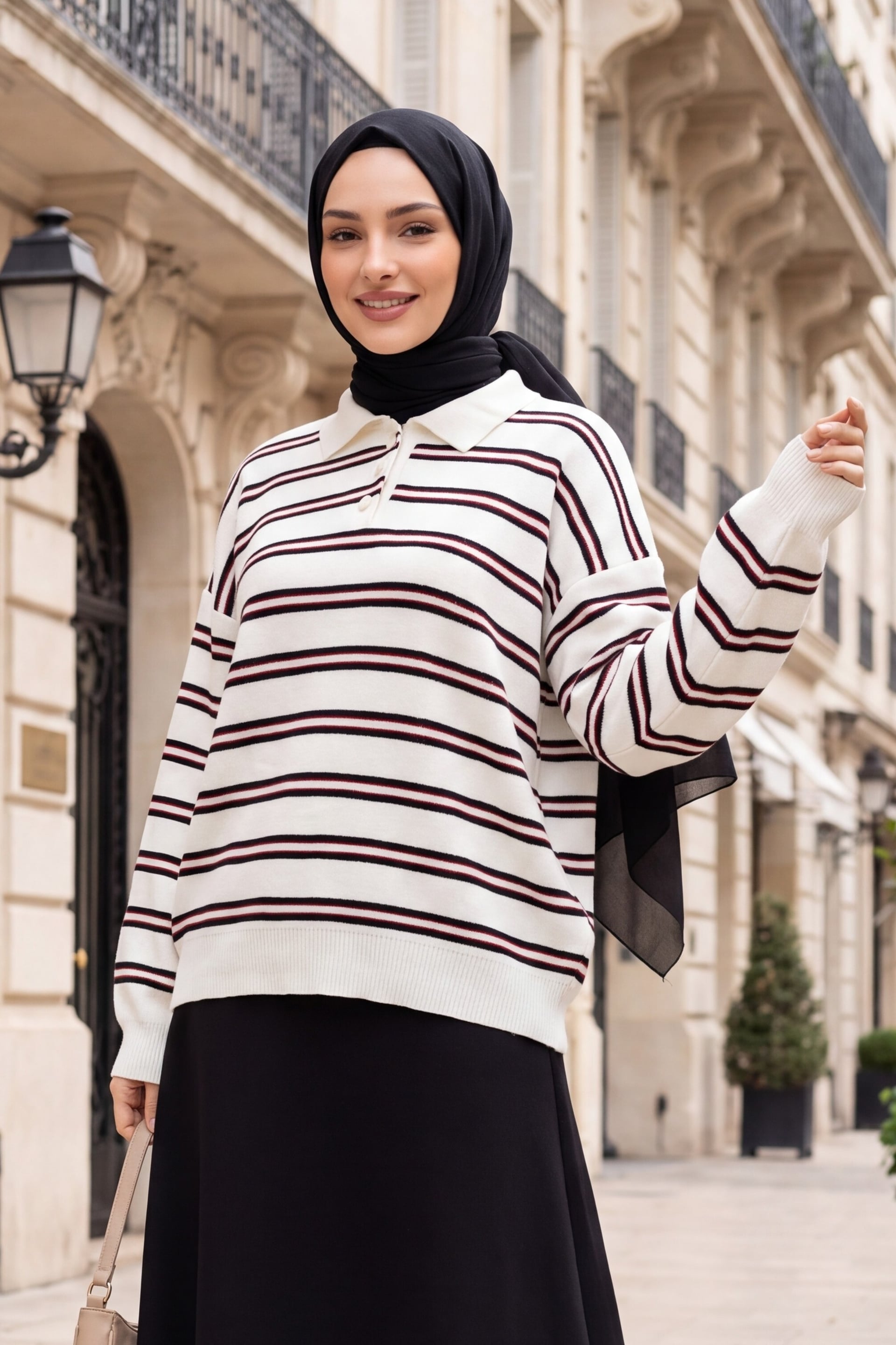 Striped Oversize Polo Collar Sweater - Ecru - Podyumplus - by Peralane - photo 2