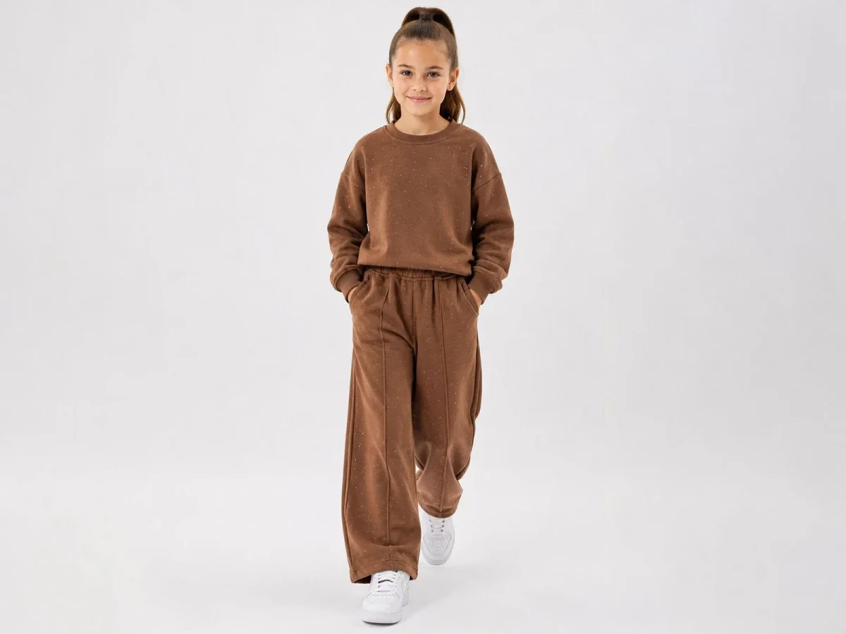 Girls' Brown Speckled Tracksuit Set with Stone Detail - Incilay - by Peralane