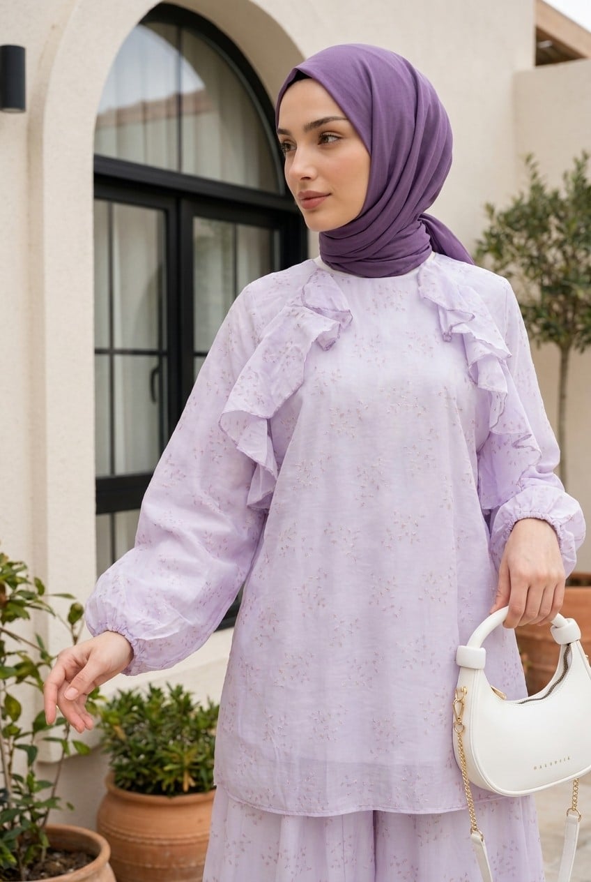 Boat Neck Ruffled Front Lined Voile Two-Piece Set - Lilac - Podyumplus - by Peralane - photo 6