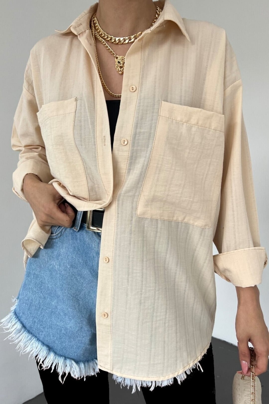 Women's Beige Long-Sleeved Collared Blouse with Pinstripes - Podyumplus - by Peralane - photo 4