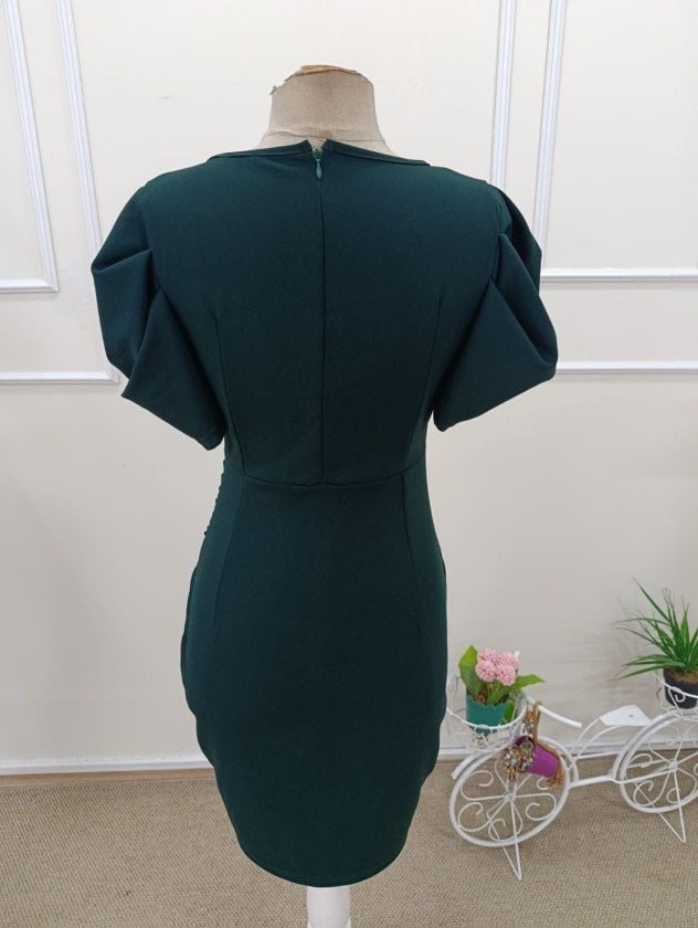 Women's Short Sleeve Wrap V-Neck Asymmetric Crepe Dress in Solid Dark Green - Janes - by Peralane - photo 5