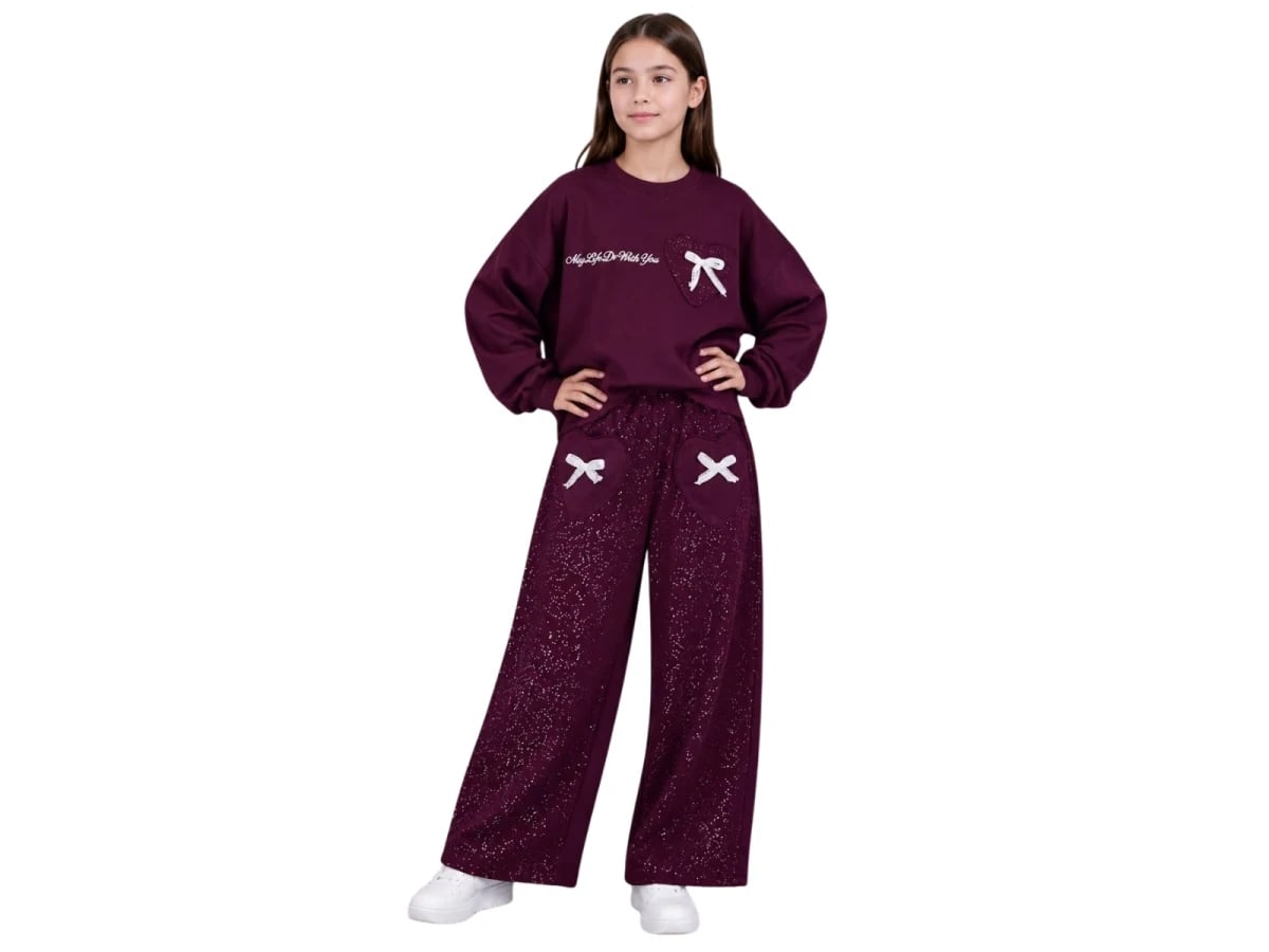Purple Bow-Printed Two-Piece Girls' Sweatshirt and Trousers Set - Incilay - by Peralane