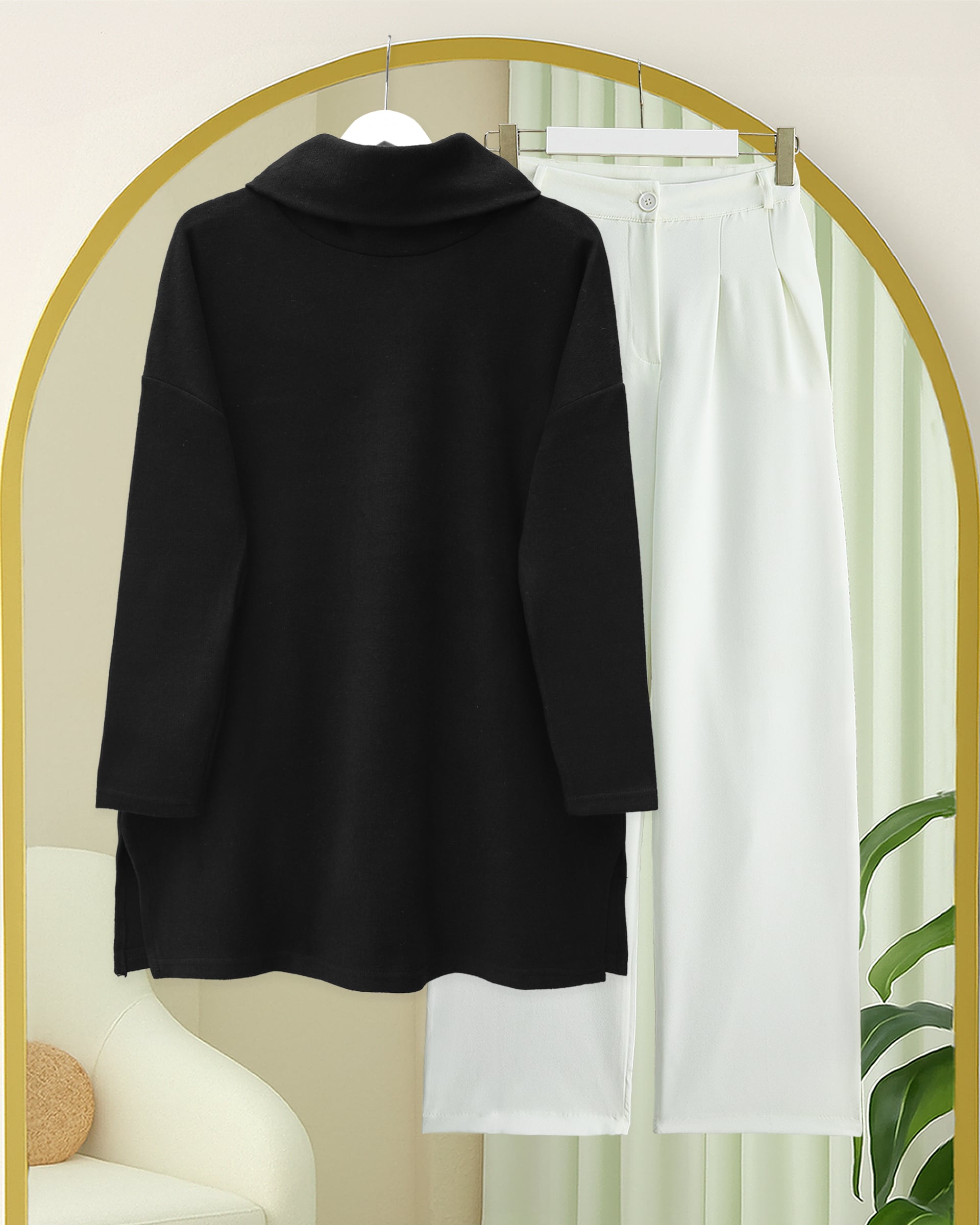 Black Turtleneck Side-Slit Tunic with Knit Fabric - Podyumplus - by Peralane - photo 7