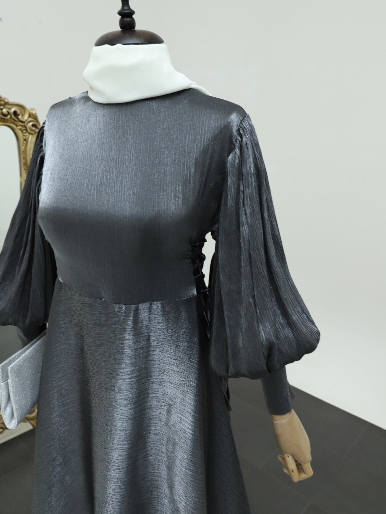 Side Tie Balloon Sleeve Jacquard Evening Dress - Anthracite - Podyumplus - by Peralane - photo 3