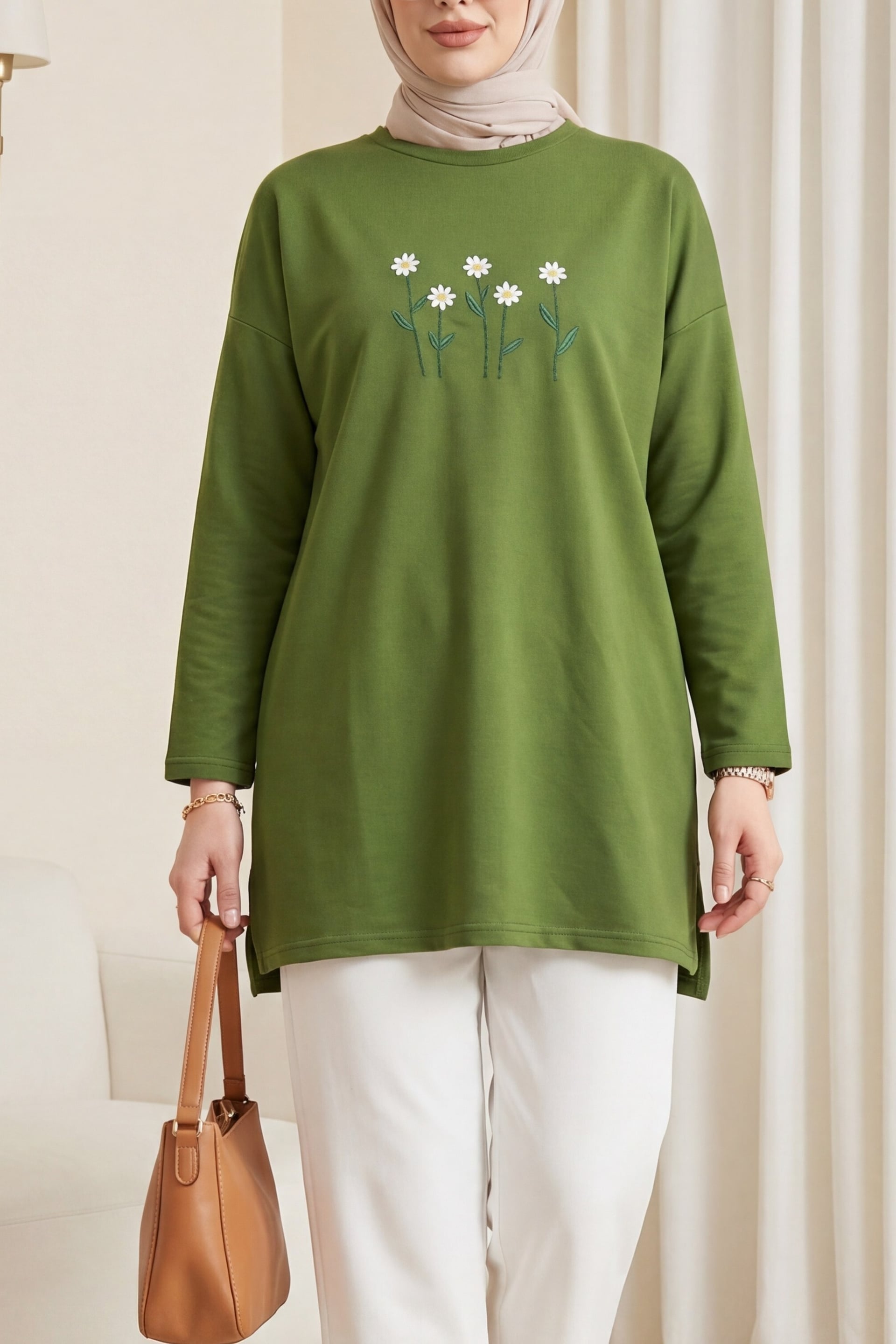 Daisy Embroidered Crew Neck Jersey Tunic - Dark Green - Podyumplus - by Peralane - photo 3