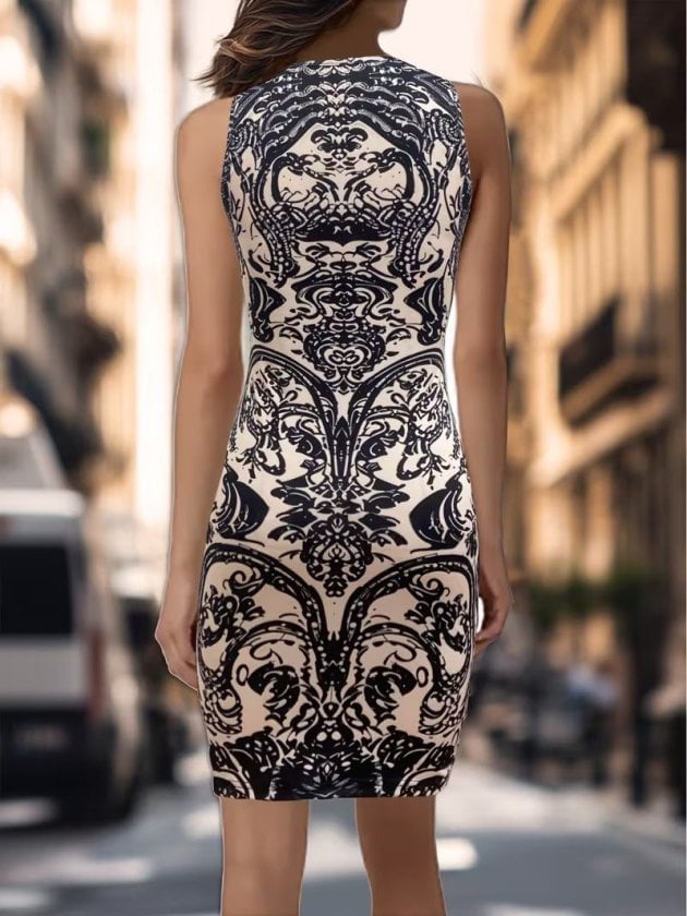 Women's Sleeveless Deep V-Neck Halter Dress with Damask Print - Janes - by Peralane - photo 2
