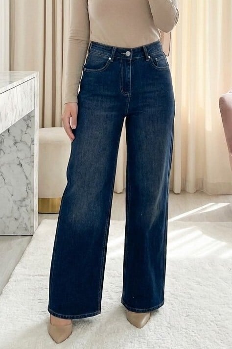 High-Waisted Wide-Leg Palazzo Jeans with Pockets and Zip Fly - Dark Navy - Podyumplus - by Peralane