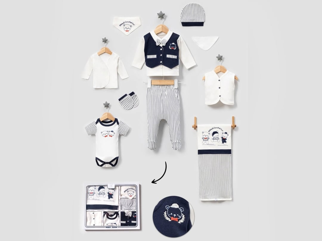 10-Piece Newborn Hospital Exit Set in Navy and White with Bear Embroidery - Baby Zuhu - by Peralane