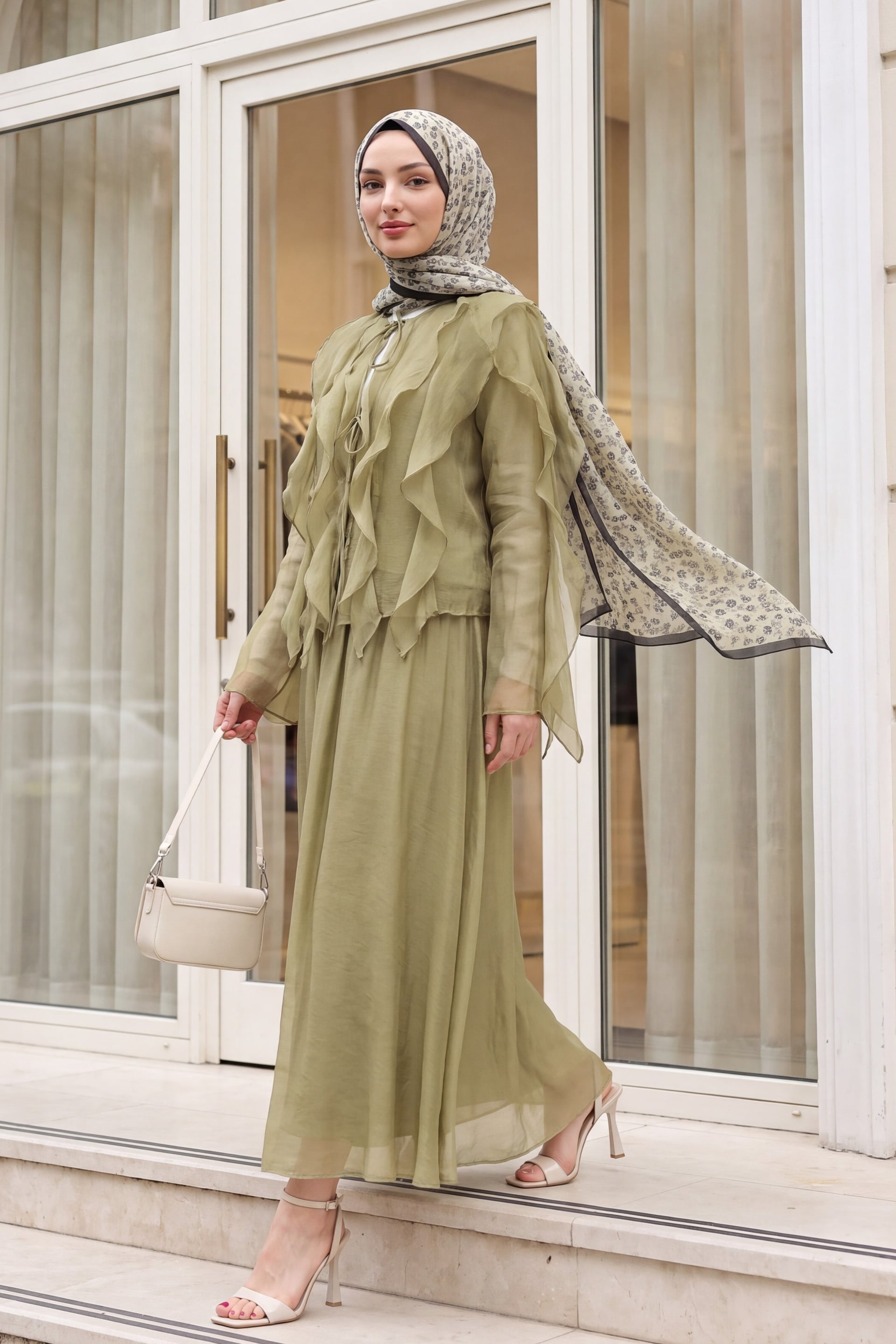 Front Tie Ruffled Lined Asymmetric Cupro Two-Piece Set - Olive Green - Podyumplus - by Peralane