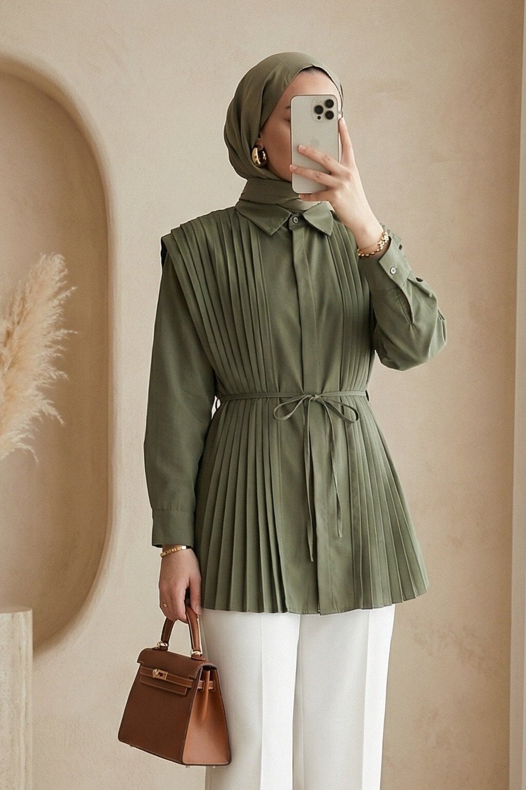 Pleated Poplin Shirt with Hidden Buttons - Olive Green - Podyumplus - by Peralane