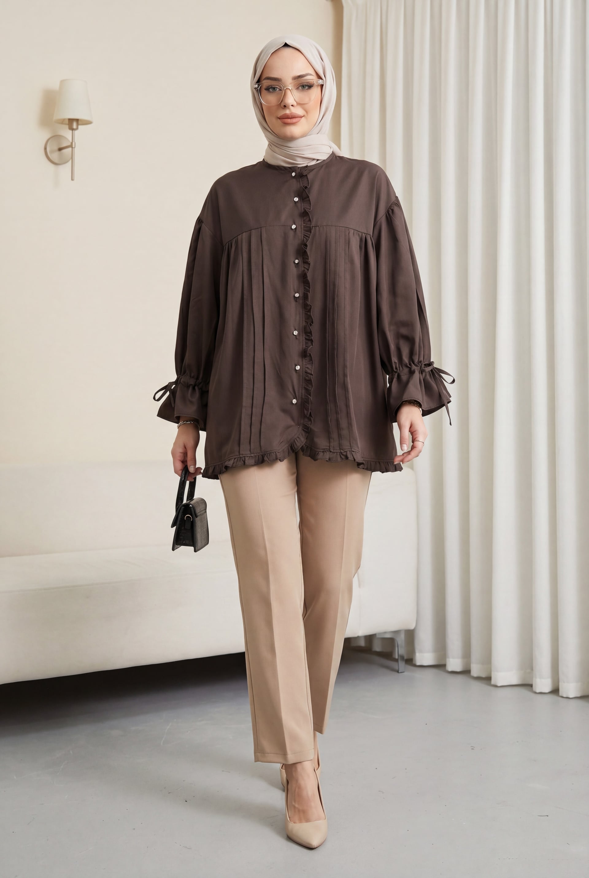 Ruffled Detail Sleeve Lace-Up Stone Button Cupra Tunic - Dark Brown - Podyumplus - by Peralane - photo 3