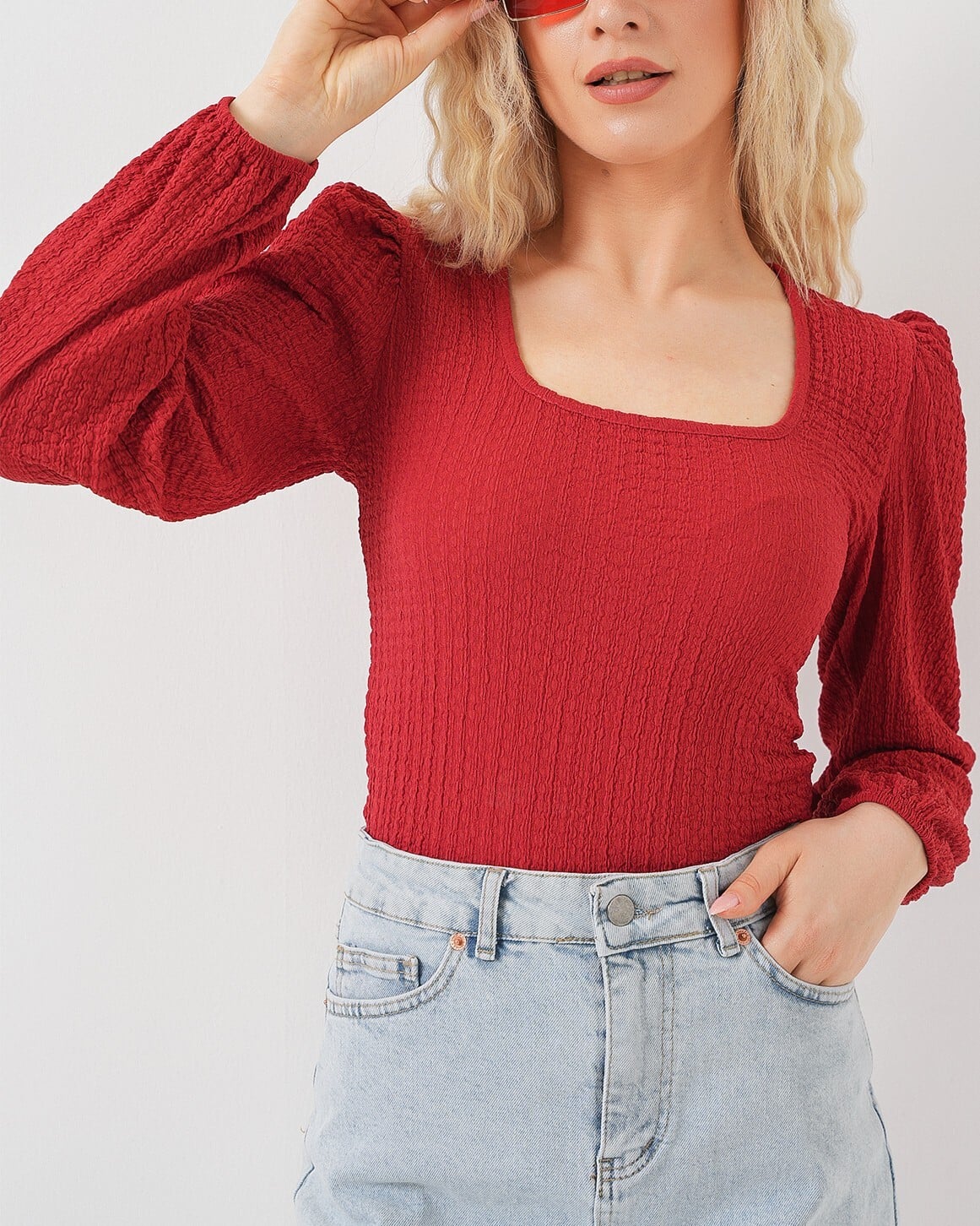 Red Long-Sleeve Square Neck Top - Bigdart - by Peralane
