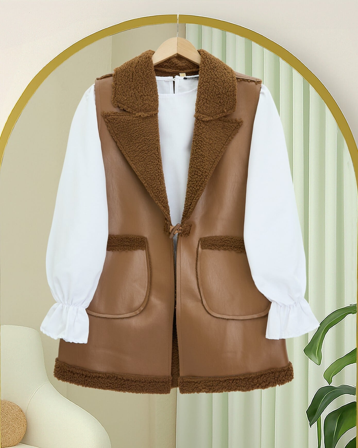 Women's Faux Leather Vest with Faux Fur Trim - Tan - Podyumplus - by Peralane - photo 3
