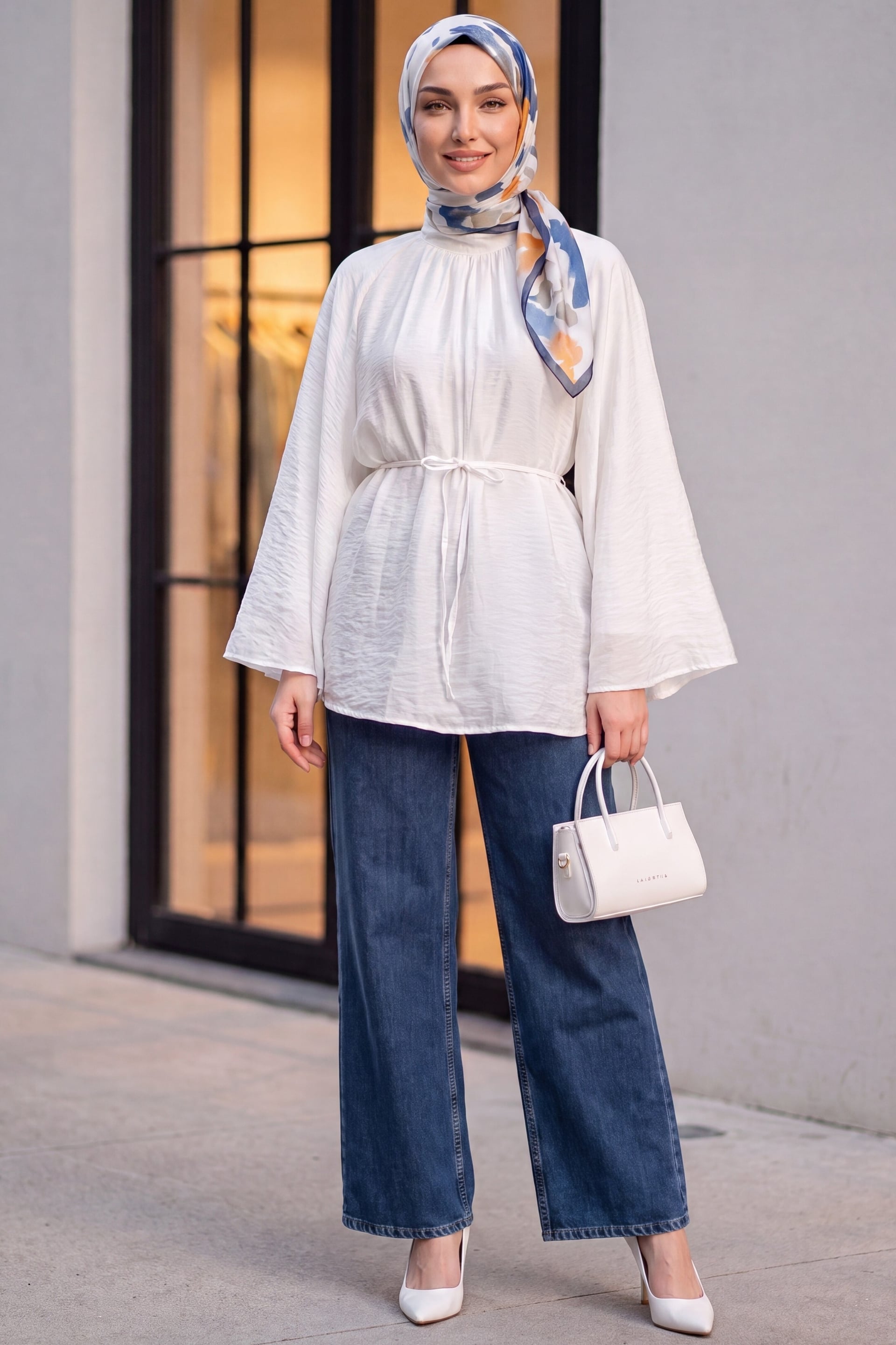 High Neck Belted Lined Spanish Sleeve Oversize Lyocell Tunic - White - Podyumplus - by Peralane - photo 4