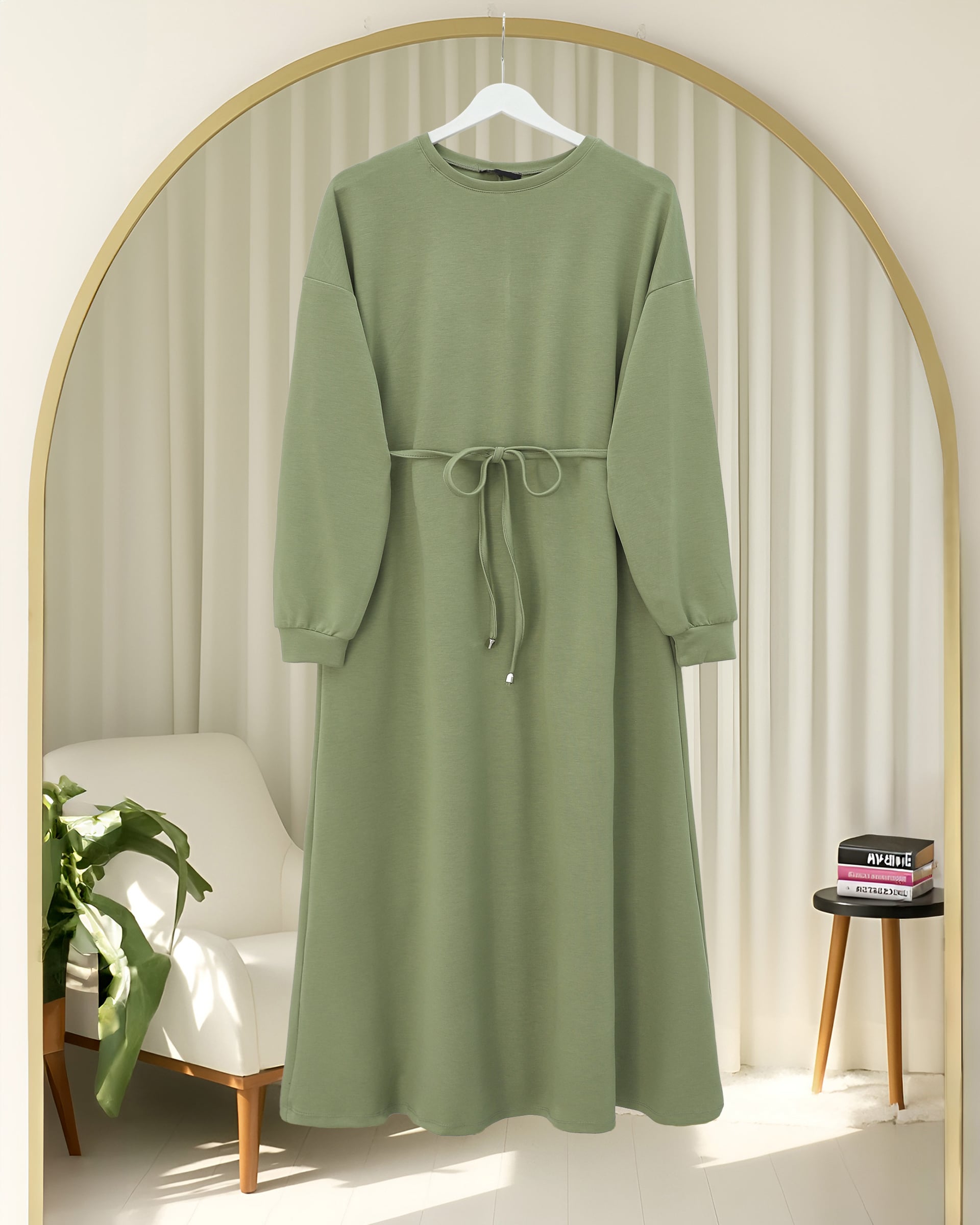 Round Neck Belted Long Jersey Dress - Podyumplus - by Peralane - photo 2