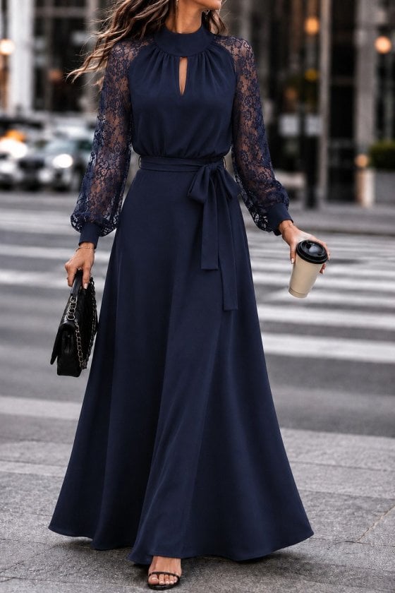 Women's Navy Blue Long Sleeve High Neck Keyhole Belted Maxi Crepe Dress with Slit - Janes - by Peralane