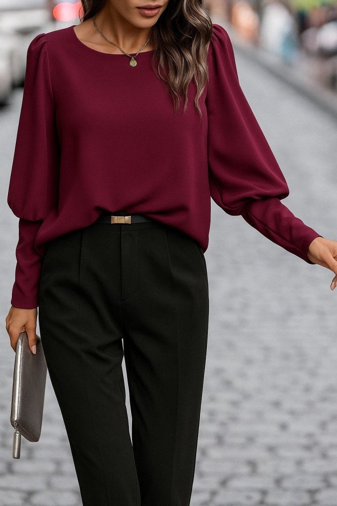 Women's Long Sleeve Round Neck Buttoned Crepe Blouse - Janes - by Peralane - photo 3