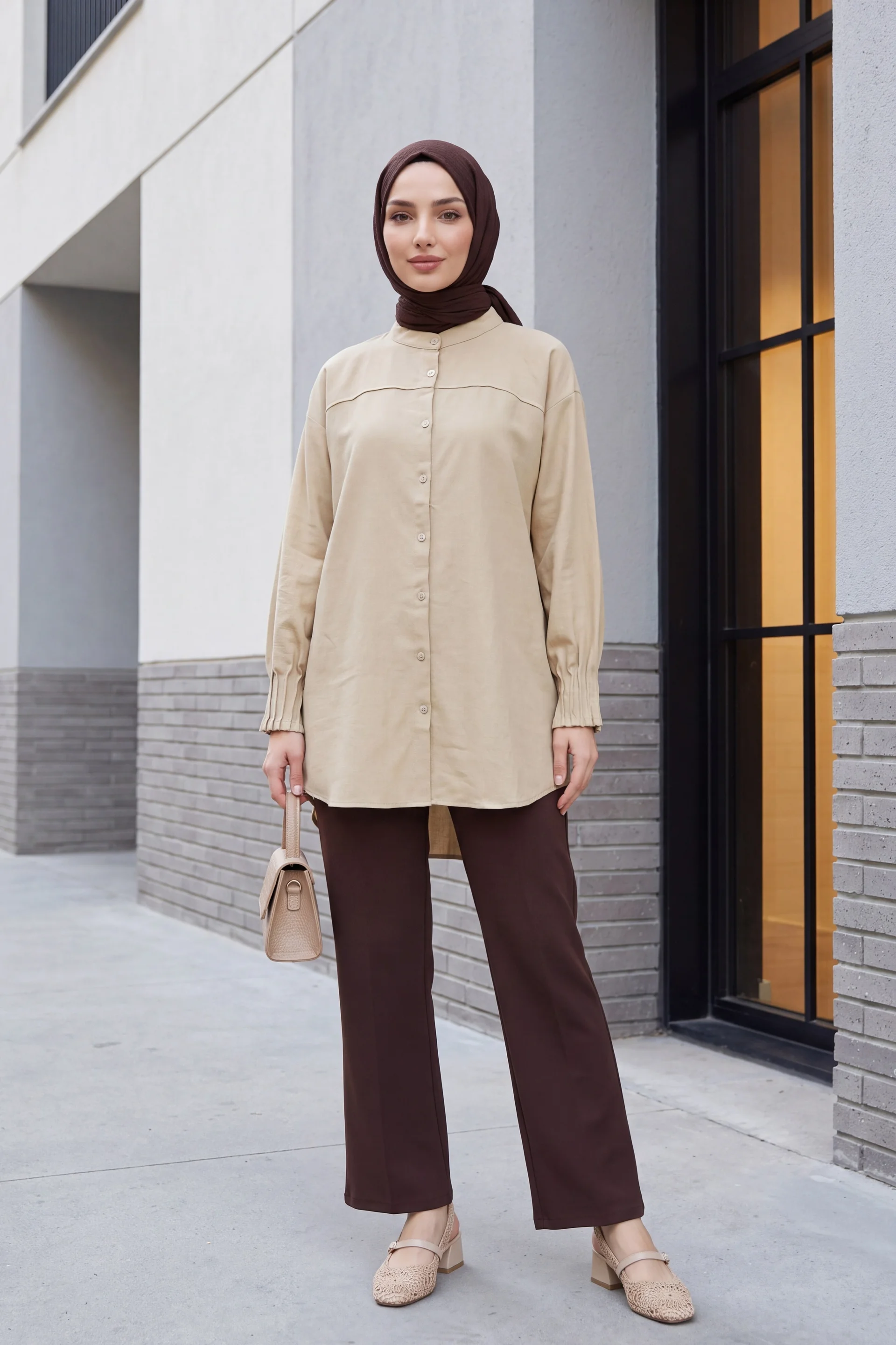 Oversize Beige Tunic Shirt with Band Collar and Pleated Cuffs - Podyumplus - by Peralane - photo 9