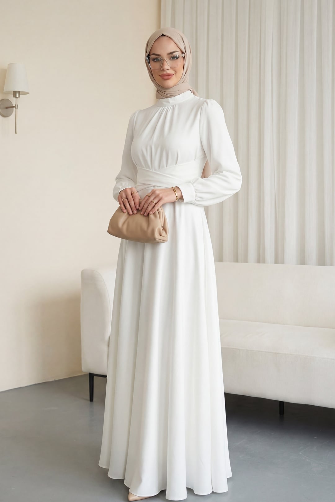 White Wrap-Waist Round Neck Satin Dress - Podyumplus - by Peralane
