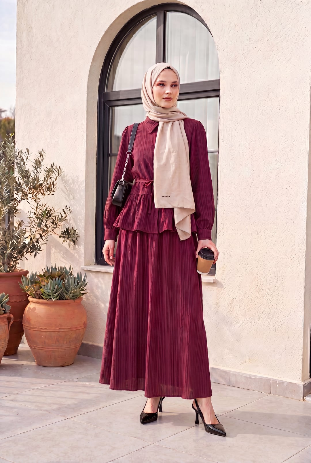 Ruffled Skirt Buttoned Lace-Up Two-Piece Modest Set - Berry - Podyumplus - by Peralane