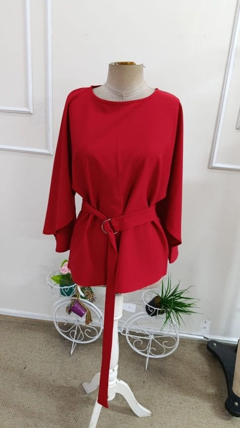 Women's Long Sleeve Round Neck Batwing Sleeve Belted Satin Blouse - Janes - by Peralane - photo 5