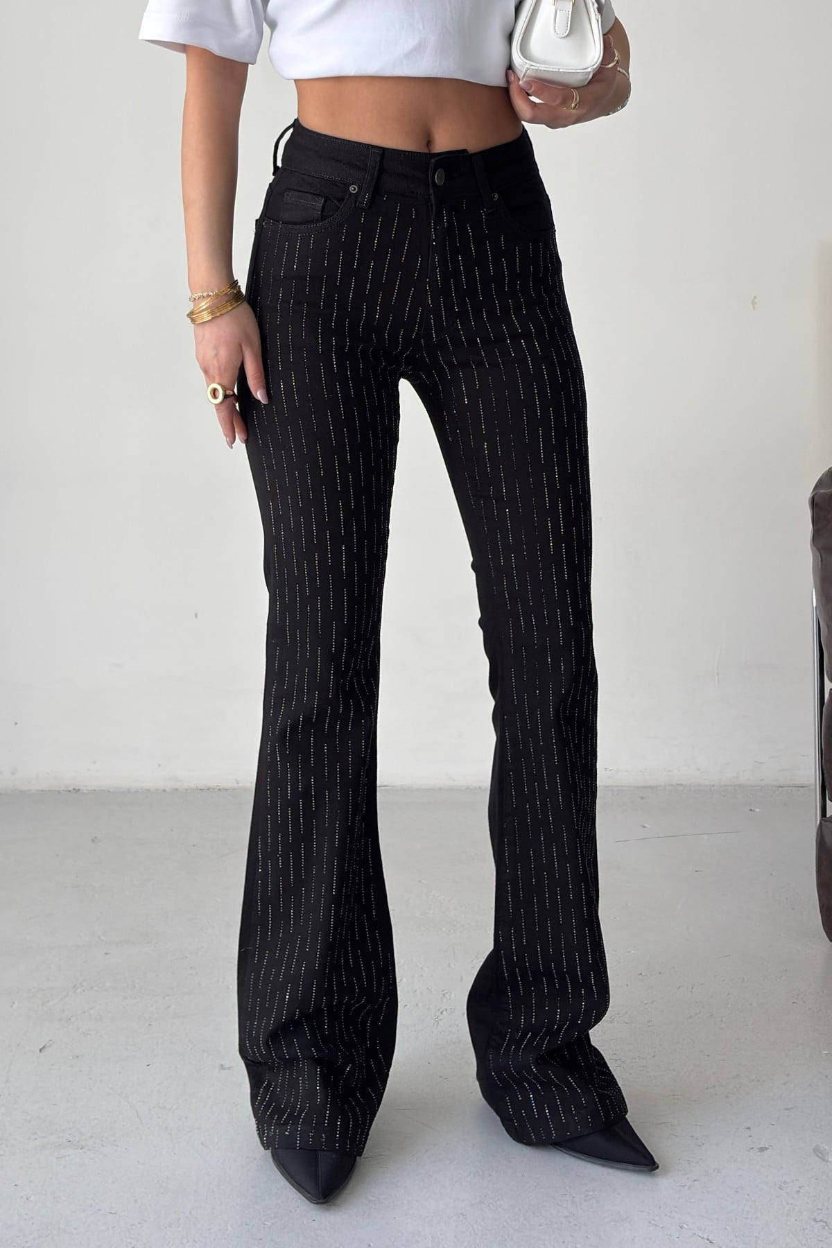 Women's Black Cotton Denim Flared Trousers with Reflective Pinstripe Detail - Xlove - by Peralane - photo 2