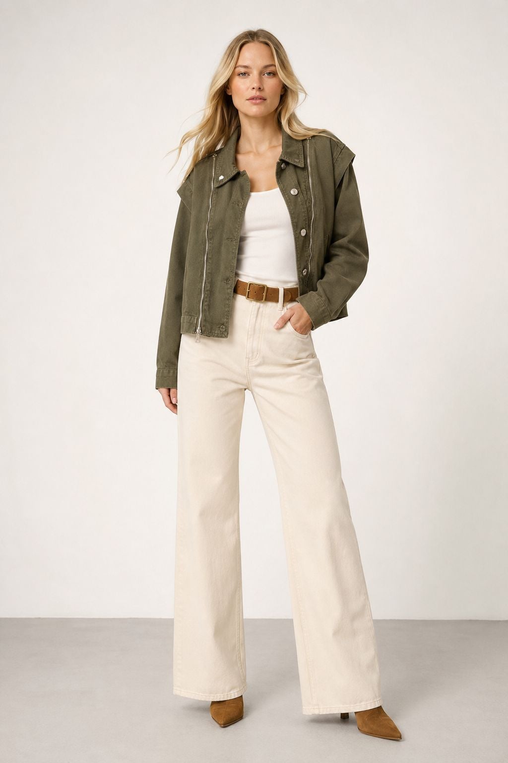 Women's Cropped Denim Jacket with Asymmetrical Zip - Olive Green - Xlove - by Peralane - photo 6