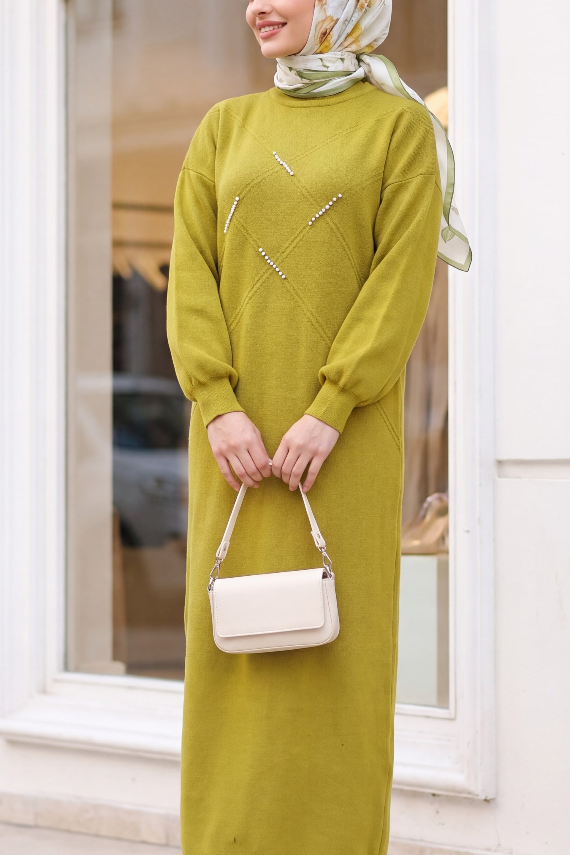 Olive Green Knit Dress with Stone and Bead Details - Podyumplus - by Peralane