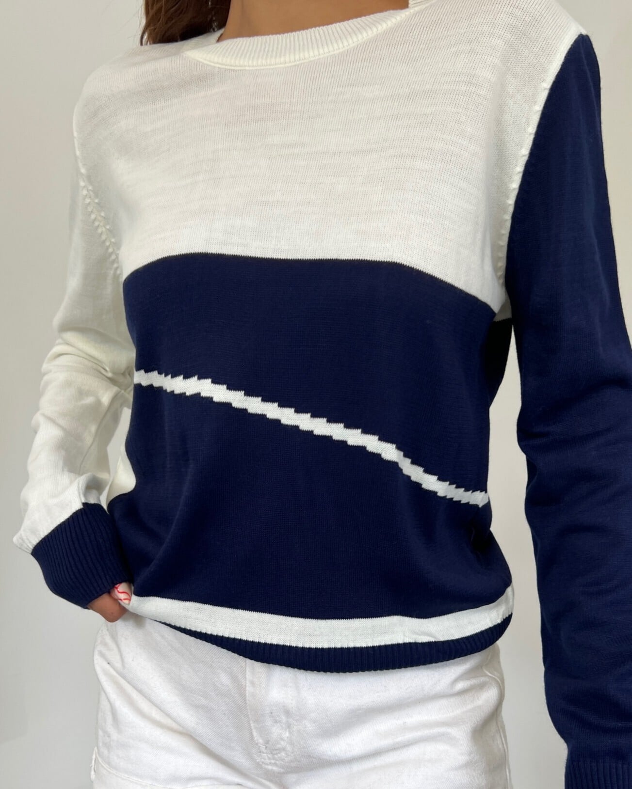 Color-Block Crew Neck Knit Sweater - Navy Blue - Podyumplus - by Peralane - photo 3