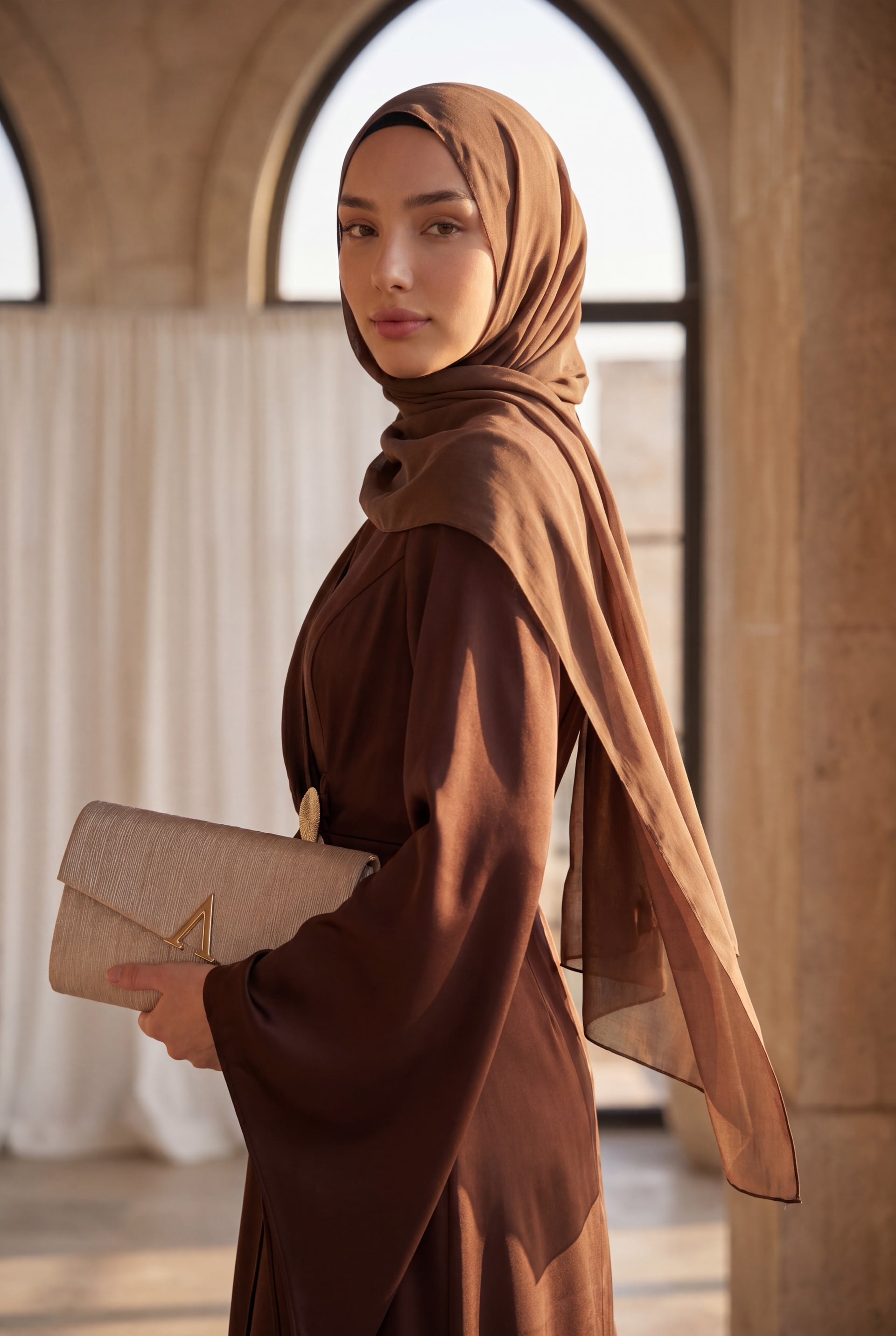 Buckle Detail Double Layer Front Asymmetric Sleeve Satin Evening Dress - Brown - Podyumplus - by Peralane - photo 6