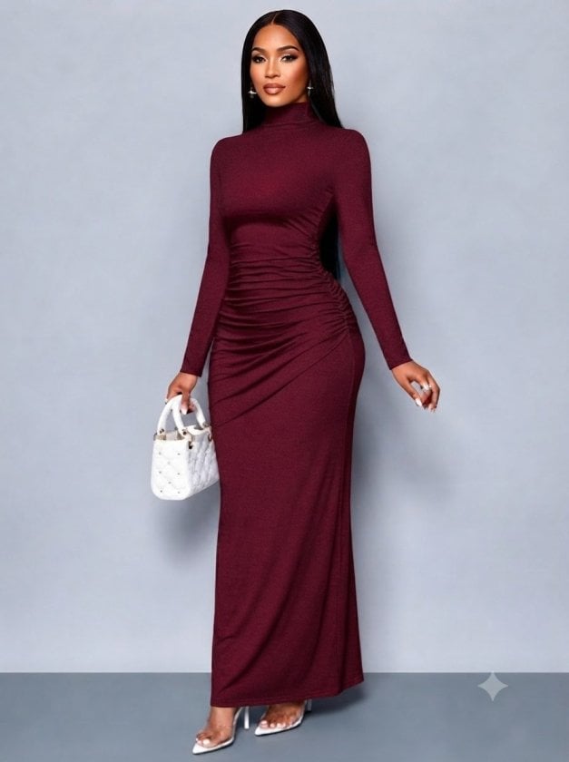 Women's Long-Sleeve High-Neck Maxi Dress in Burgundy - Janes - by Peralane