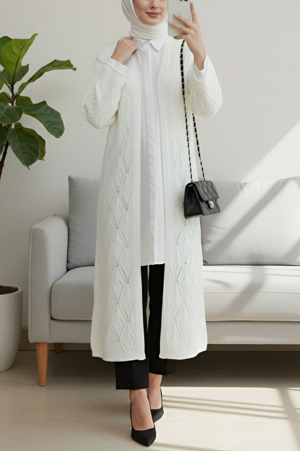 Cream Diamond Pattern Openwork Long Knit Cardigan - Podyumplus - by Peralane