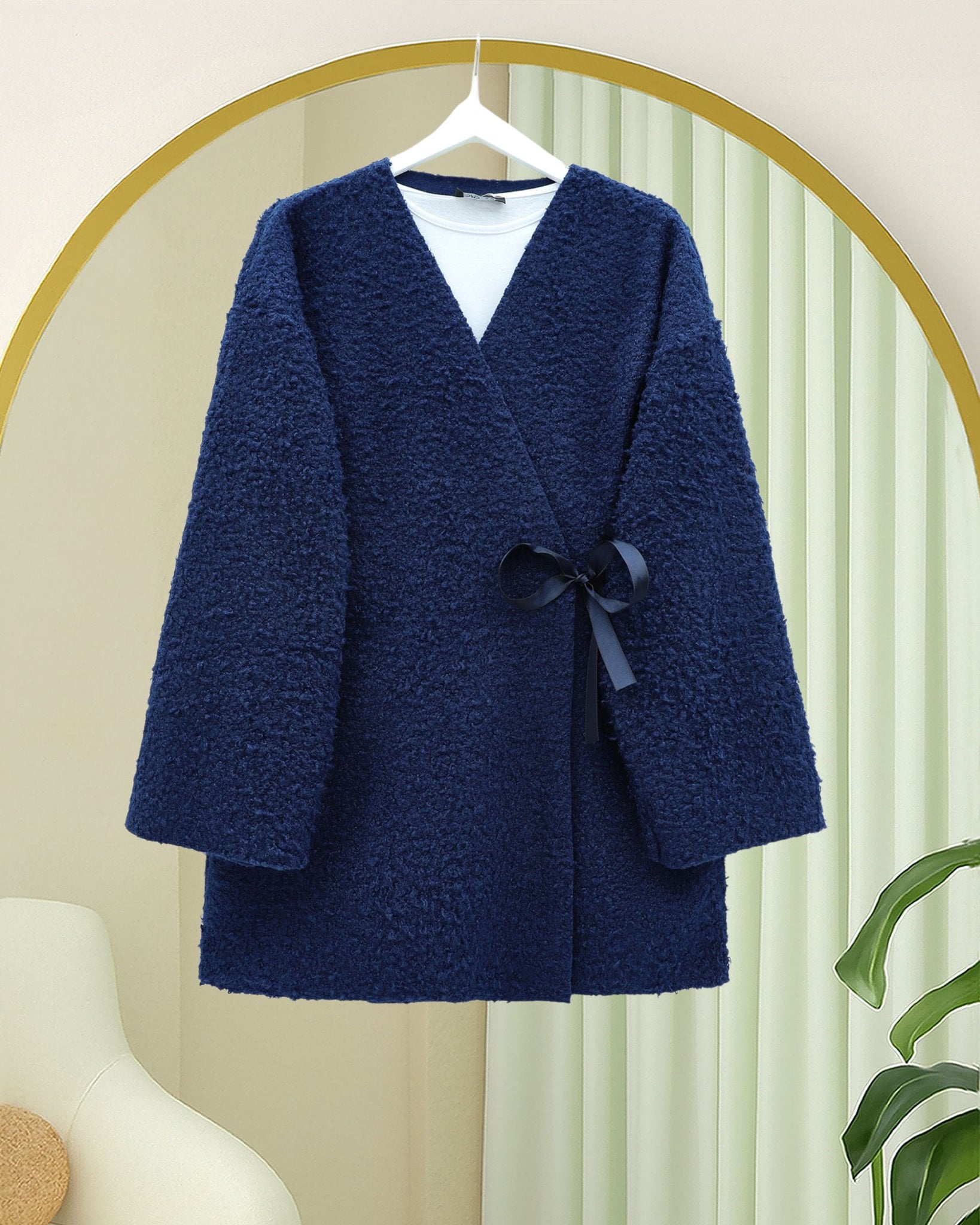 Navy Blue Side-Tie Boucle Kimono Cardigan - Podyumplus - by Peralane - photo 3