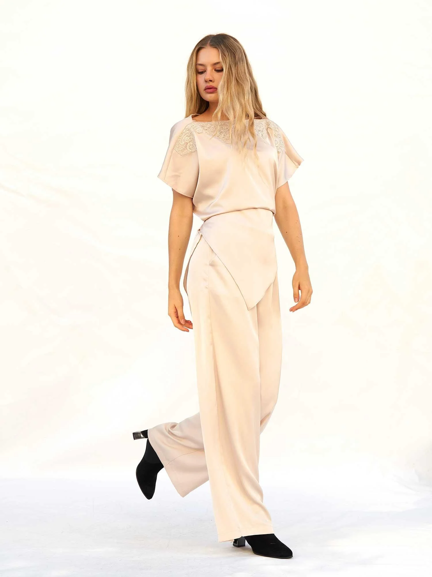Lace Trim Satin Blouse and Wide Leg Trousers Set - Lefon - by Peralane - photo 5