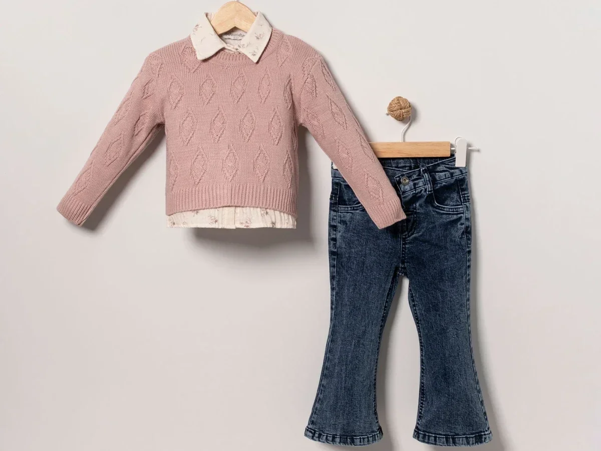 Girls' 3-Piece Knit Set with Flared Jeans - Powder Pink - Eymus - by Peralane