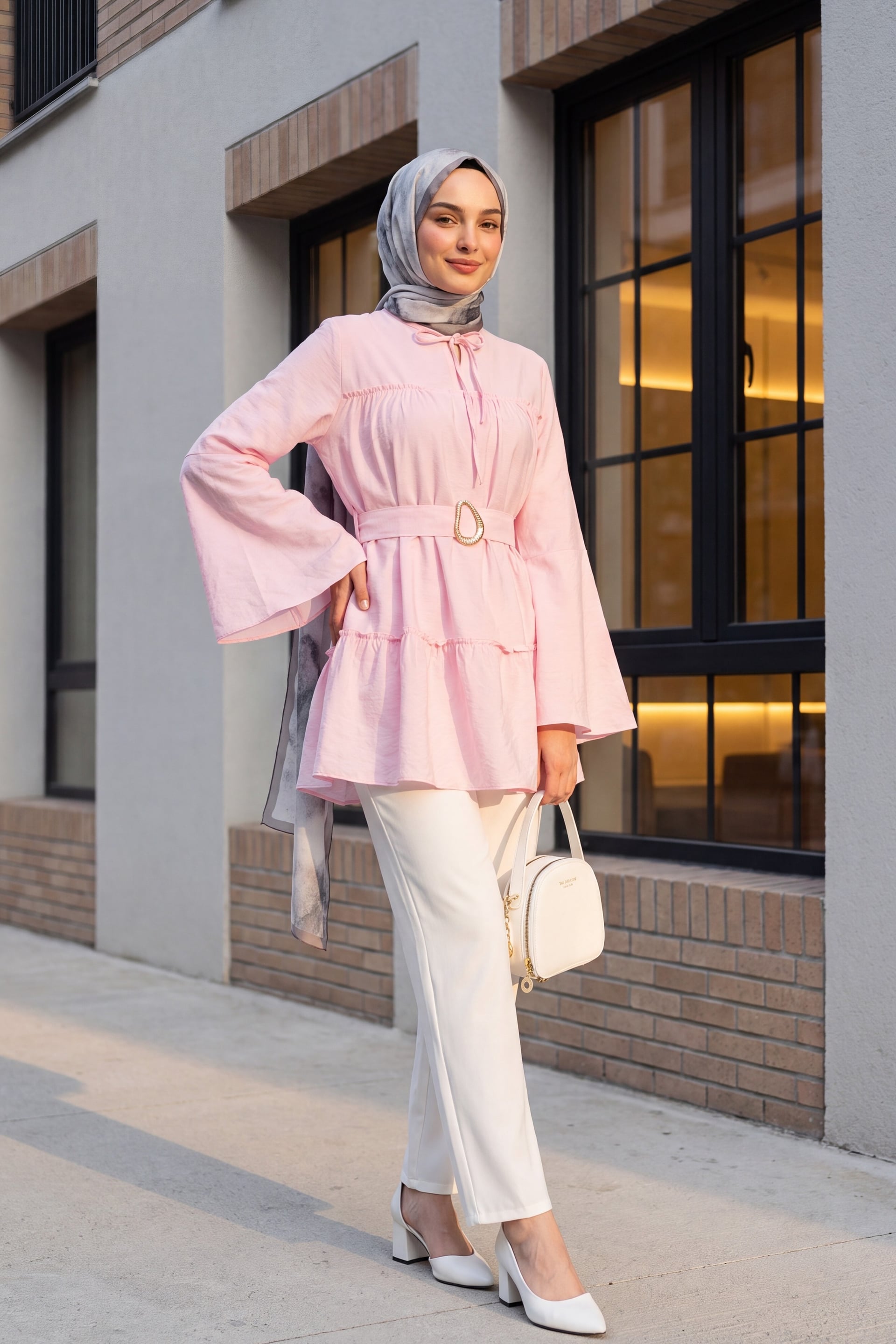 Tie-Neck Belted Paneled Polyviscose Tunic - Pink - Podyumplus - by Peralane - photo 4