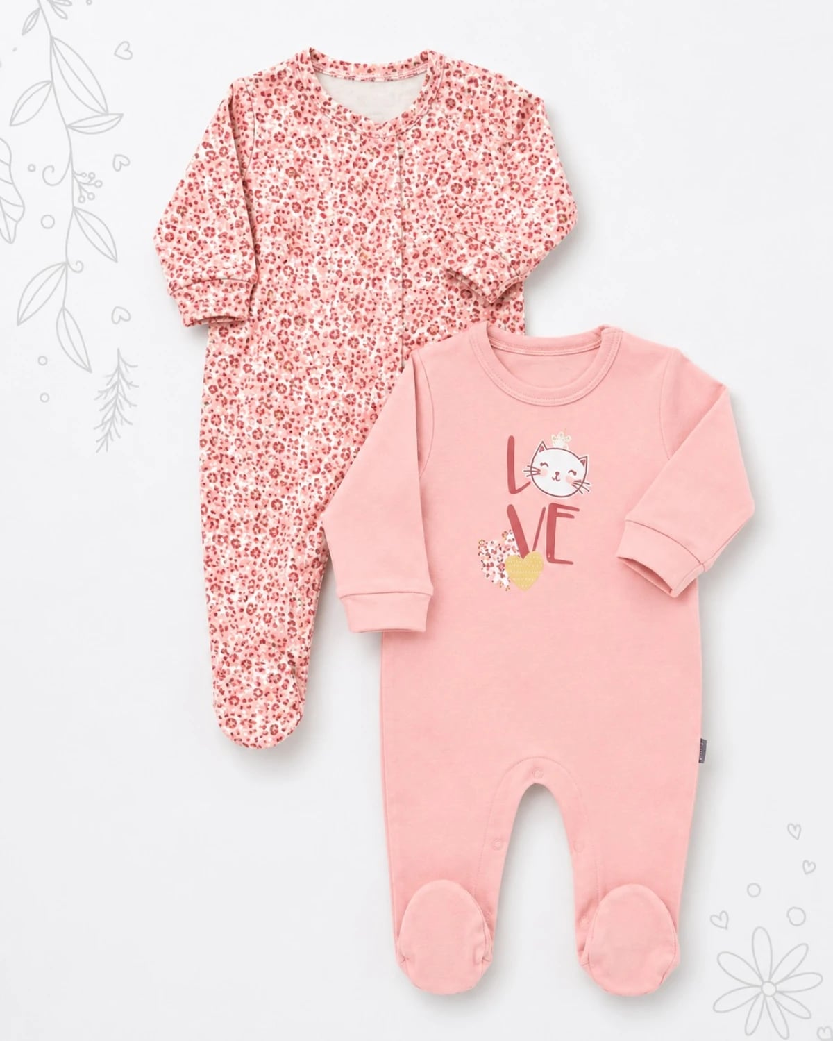 Baby Footie Set of 4 in Pink Floral and Cat Print - Interkidsy - by Peralane