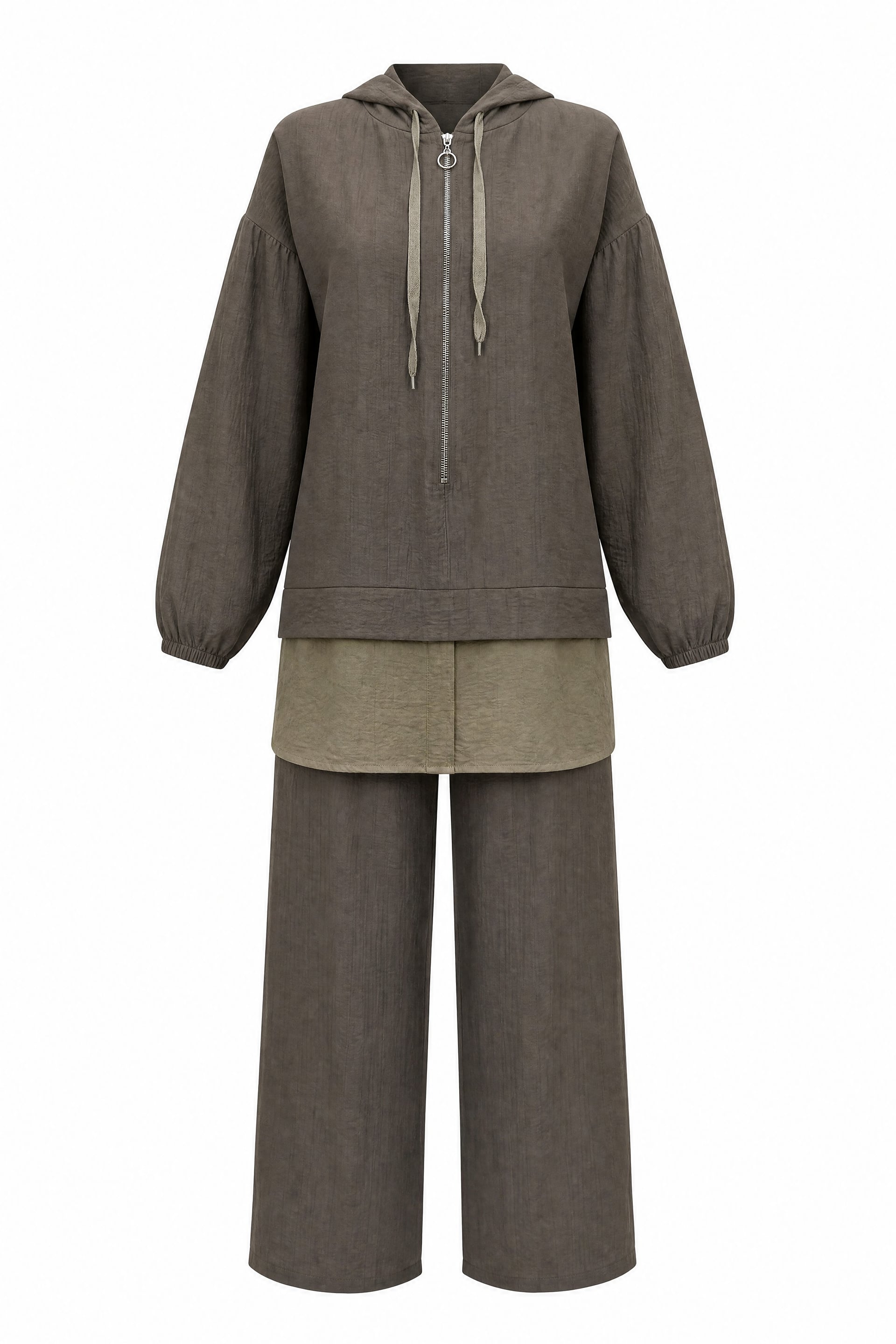 Half-Zip Hooded Sweatshirt and Wide-Leg Trousers Set - Dark Brown - Podyumplus - by Peralane - photo 4