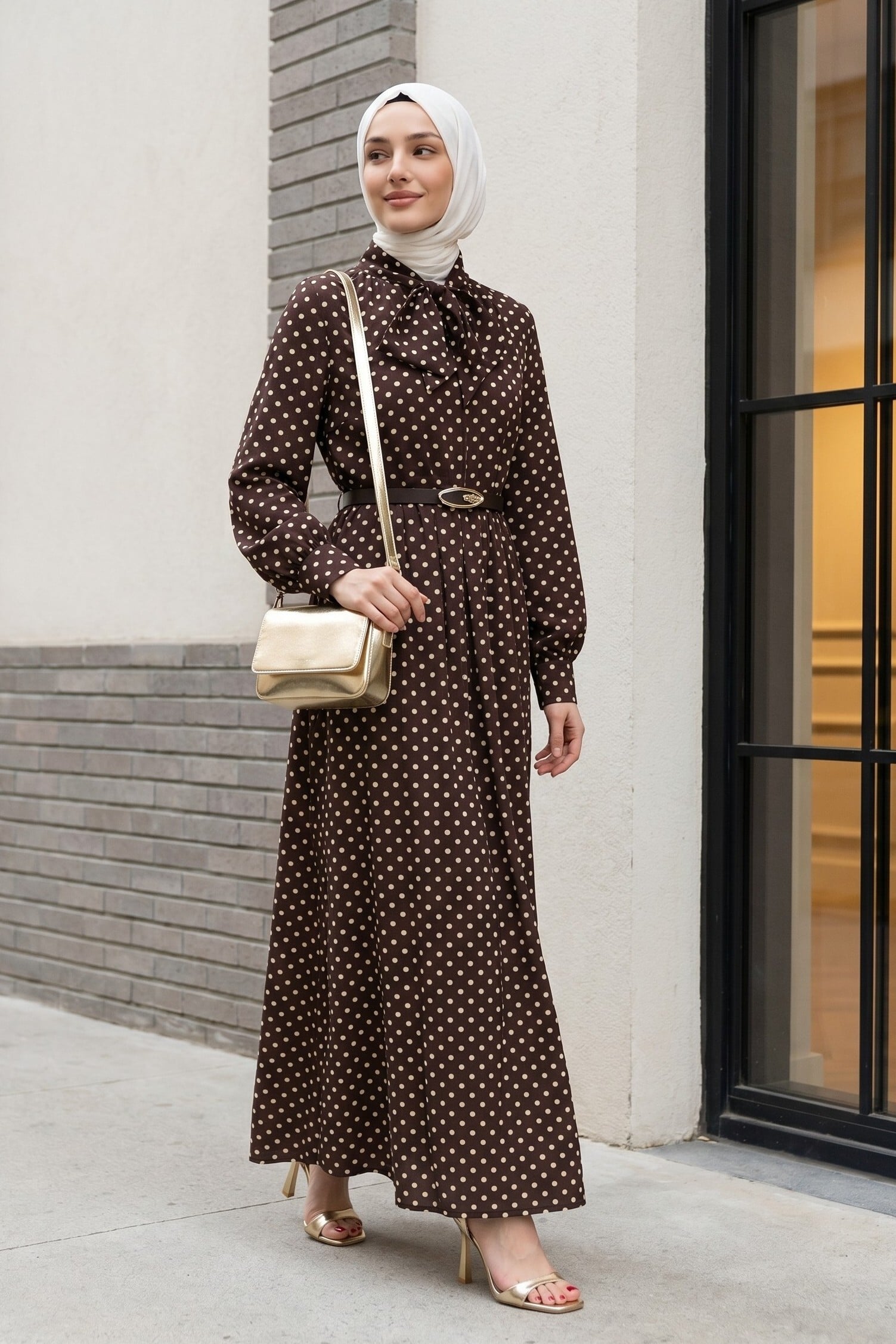 Brown Polka Dot Viscose Dress with Neck Tie and Belt - Podyumplus - by Peralane - photo 7