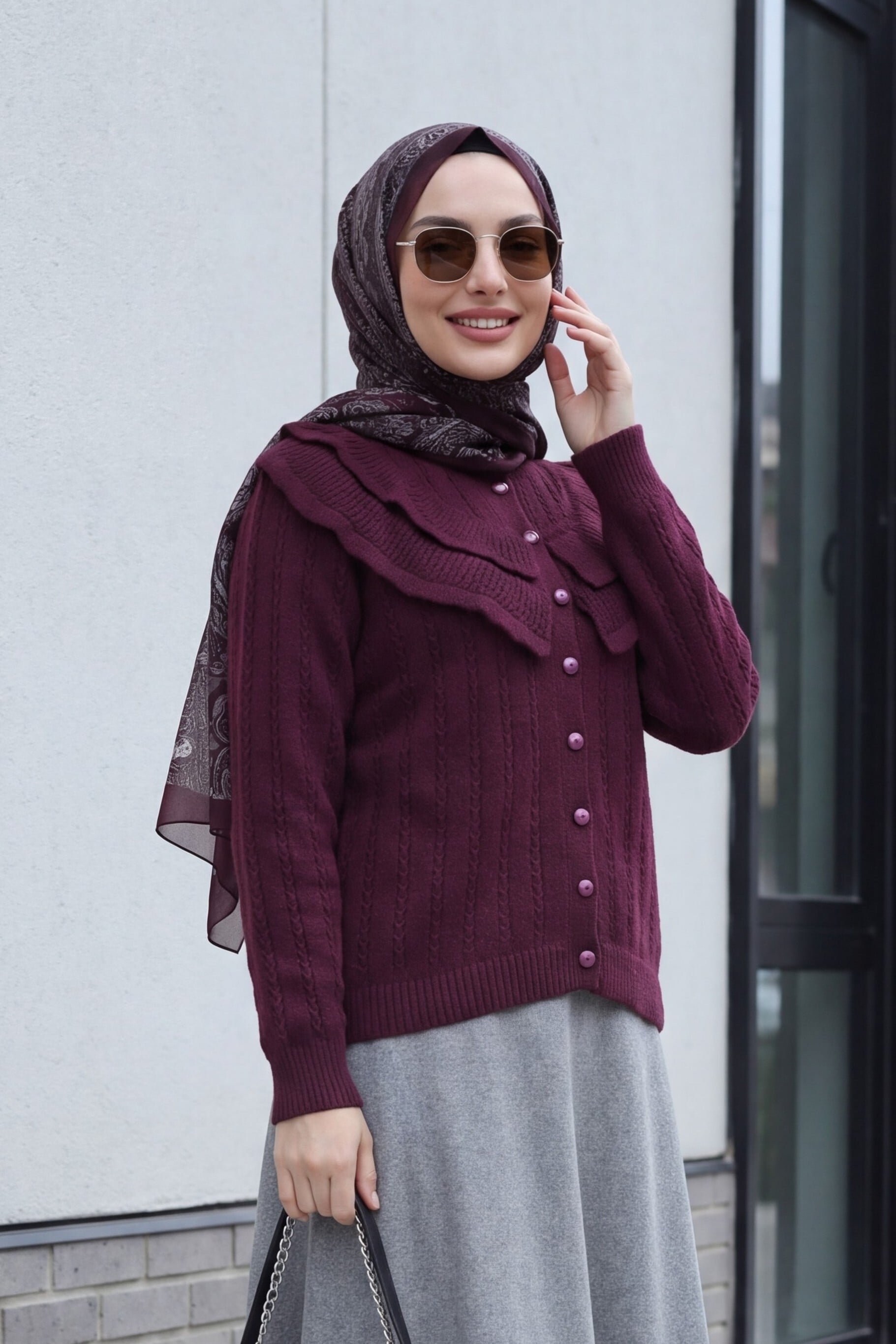 Crew Neck Ruffle Detail Openwork Button Knit Cardigan - Plum - Podyumplus - by Peralane - photo 2